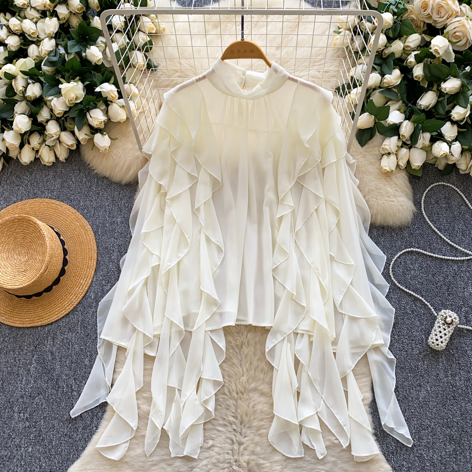 Street Fashion Korean - Elegant Sexy ruffle mesh long sleeve